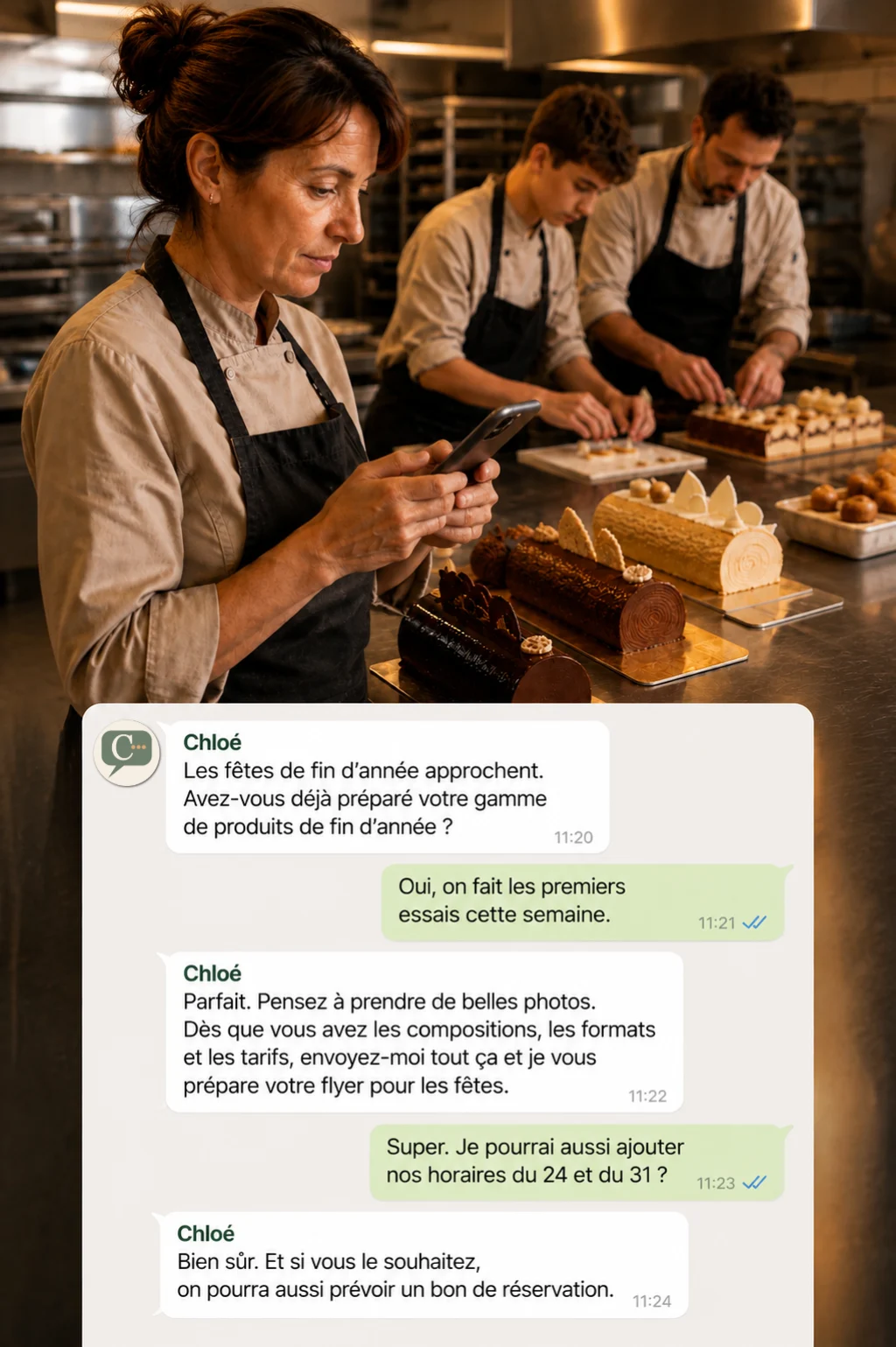Une pâtissière échange avec Chloé pendant la préparation des bûches de fin d'année