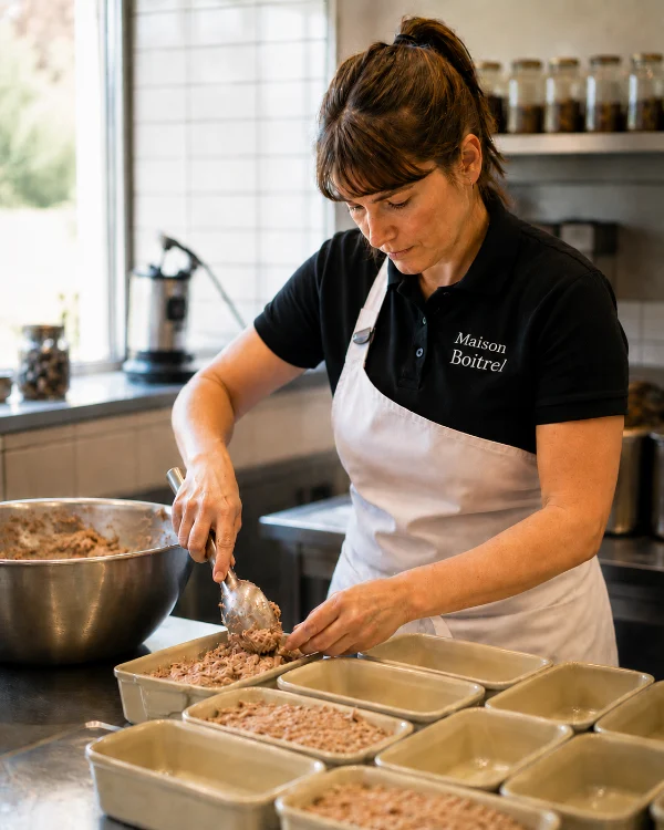Une charcutière garnit des terrines en atelier