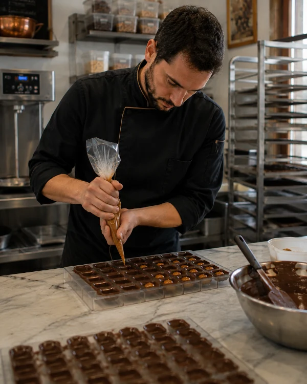 Un chocolatier garnit des moules à bonbons au laboratoire