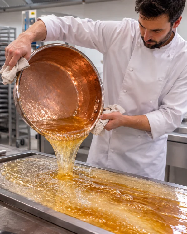 Un confiseur coule un caramel sur le marbre