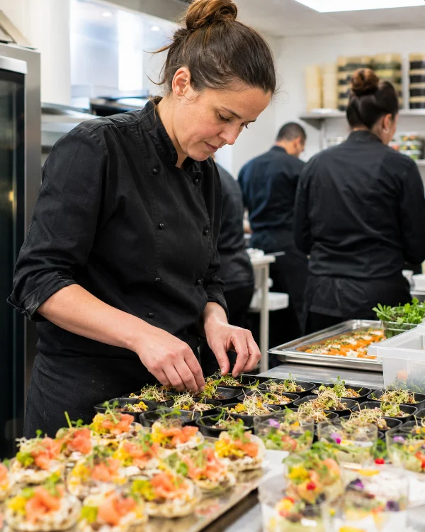 Une cheffe traiteur dresse des bouchées pour une réception