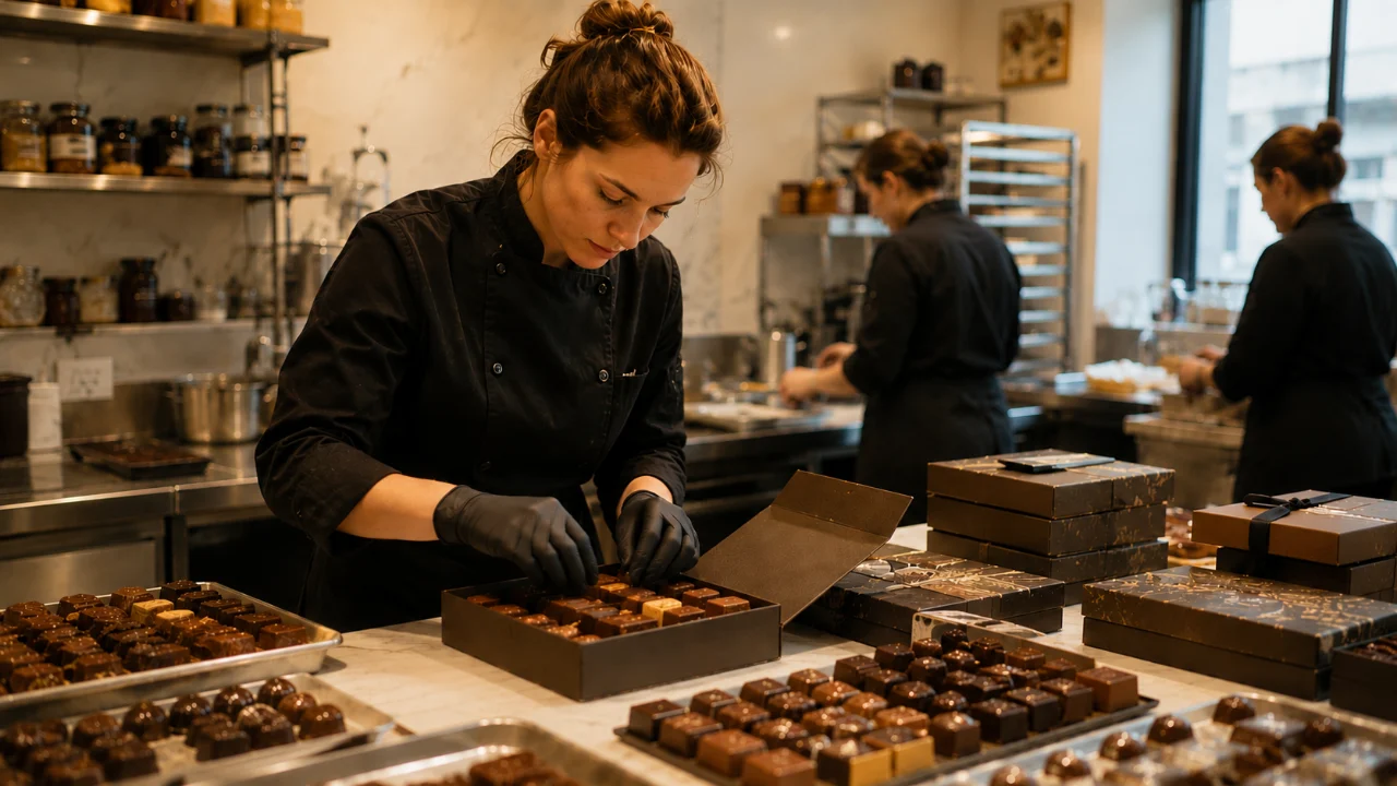 Une chocolatière compose des coffrets de fin d'année